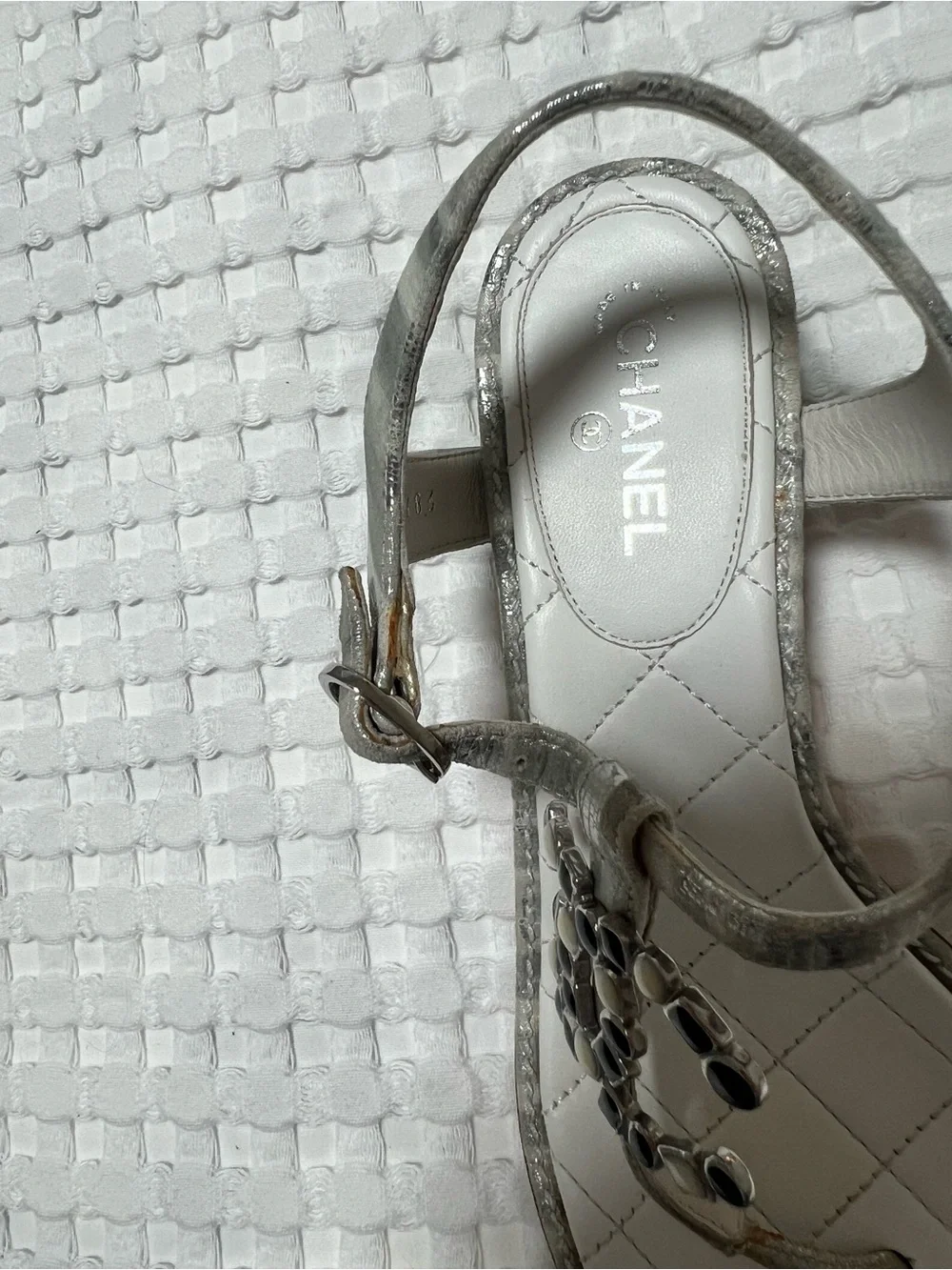 CHANEL White Silver Jeweled CC Logo Heeled Thong Sandals